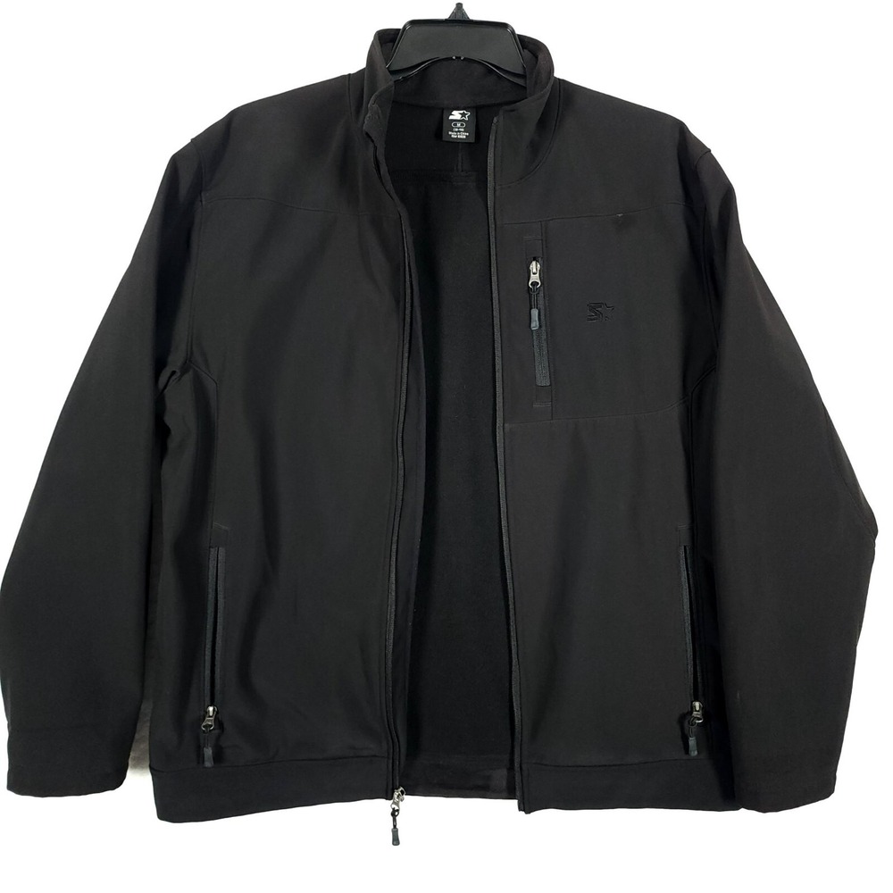 Starter Jacket Mens Medium Black Fleece Lined Full Zip Water Resistant Softshell